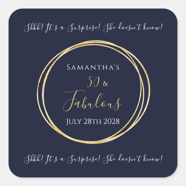 Adesivo Quadrado Festa Surpresa de 50 Anos do Navy Gold (Frente)