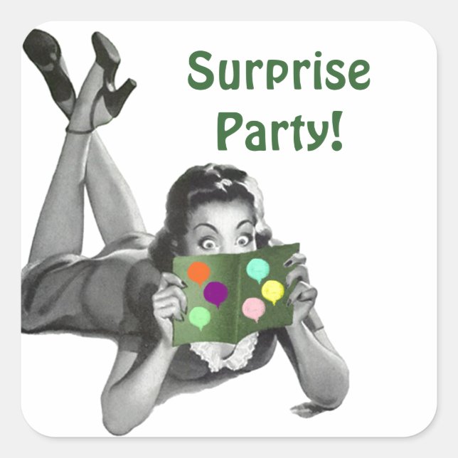 Adesivo Quadrado Festa surpresa do cartão de leitura de retrô-dama  (Frente)