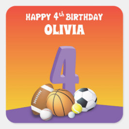 Adesivo Quadrado Festas de Esportes de Quarto Aniversário