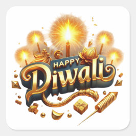 Adesivo Quadrado Festival de Luz Dourada de Velas Feliz Diwali Eleg