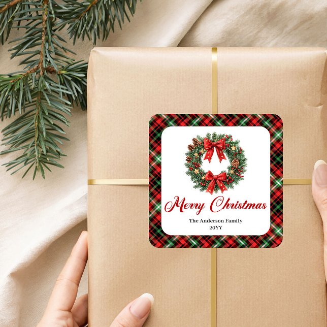 Adesivo Quadrado Festive Christmas Wreath Red Green Plaid Labels (Festive Christmas Wreath Red Green Plaid Label)