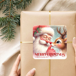 Adesivo Quadrado Festive Santa and Rudolph Personalized Holiday