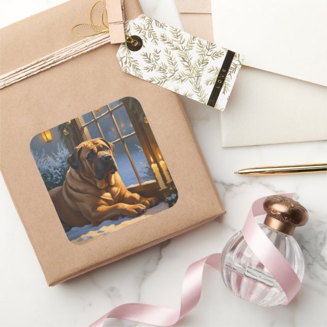 Adesivo Quadrado Festivo Bullmastiff com Férias de Natal (Presentear)