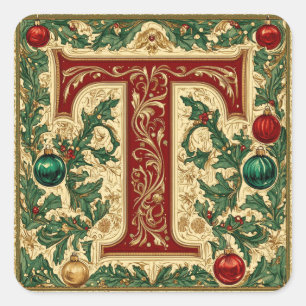 Adesivo Quadrado Festivo Dourado e Vermelho - Letra T com Greeneres