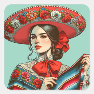 Adesivo Quadrado Festivo Fiesta Mujer Mariachi Partido Favor