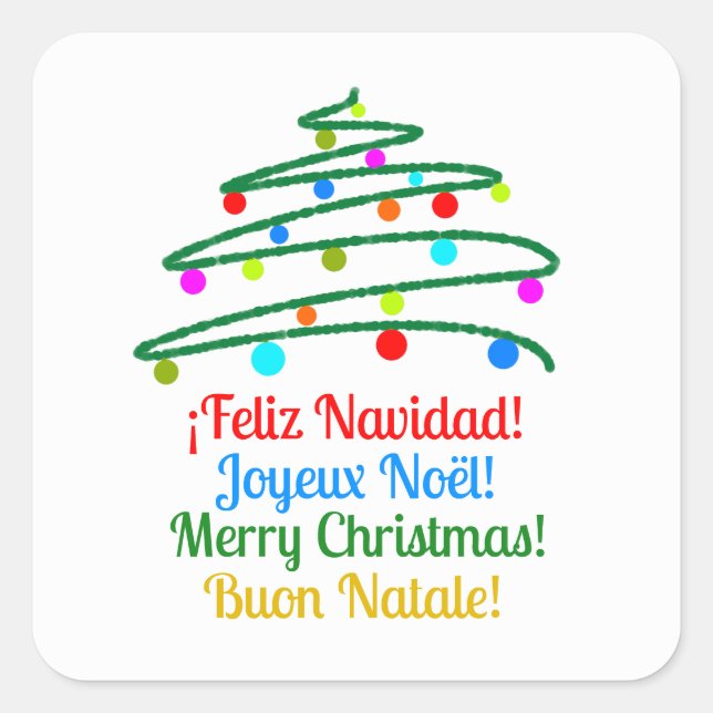 Adesivo Quadrado Festivo Internacional Feliz Natal e Árvore (Frente)
