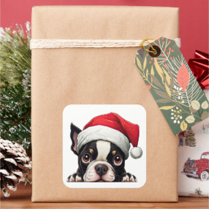 Adesivo Quadrado Festivo Natal Boston Terrier