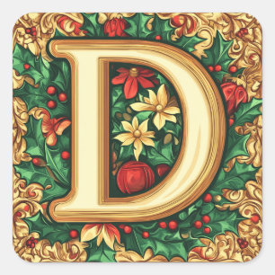 Adesivo Quadrado Festivo Verde e Letra Dourada "D"