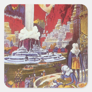 Adesivo Quadrado Ficção científica retrô, a cidade perdida de Atlân