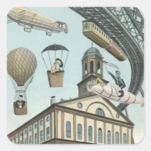 Adesivo Quadrado Ficção científica retrô, cidade steampunk vitorian