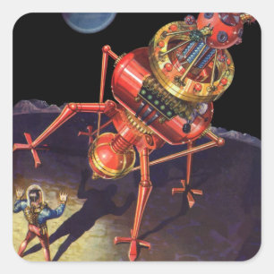 Adesivo Quadrado Ficção Científica Vintage Astronauta com Robô Alie