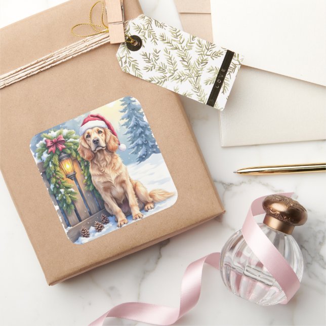 Adesivo Quadrado Field Spaniel Snowy Fence Santa Hat Christmas Art (Presentear)