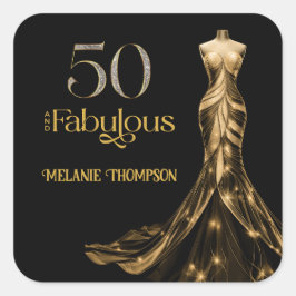 Adesivo Quadrado Fifty and Fabulous Gold Dress Black 50th Birthday