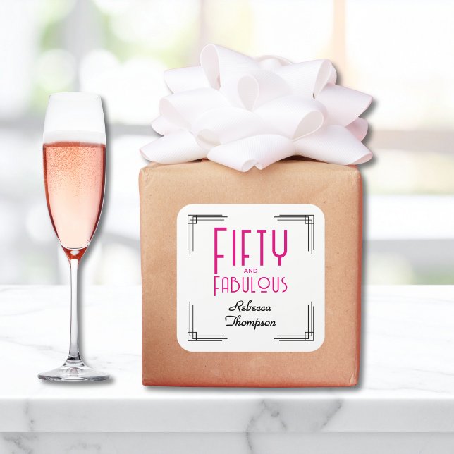 Adesivo Quadrado Fifty and Fabulous Hot Pink Art Deco 50th Birthday (Fifty and Fabulous Hot Pink Art Deco 50th Birthday Square Sticker with Her Name, Art Deco Corners.)