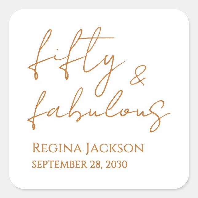 Adesivo Quadrado Fifty And Fabulous Script Gold 50th Birthday Party (Frente)