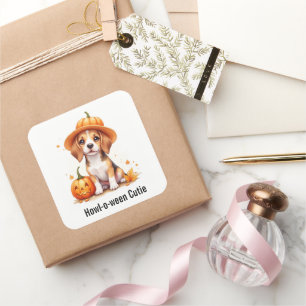 Adesivo Quadrado Filhote de Beagle com Chapéu de Abóbora Halloween 