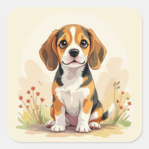 Adesivo Quadrado Filhote de Beagle Tricolor Preto, Marrom e Branco