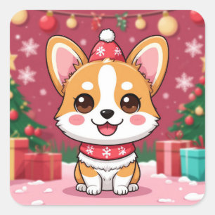 Adesivo Quadrado Filhote de Corgi Fofo Com Presentes de Natal