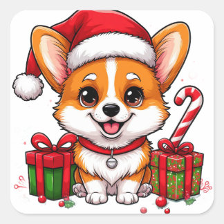 Adesivo Quadrado Filhote de Corgi Fofo Comemora o Natal com Doce