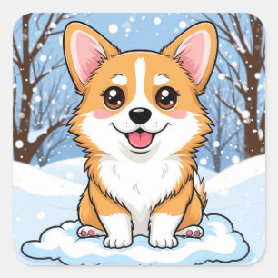 Adesivo Quadrado Filhote de Corgi Fofo Sentado em Cena de Inverno N