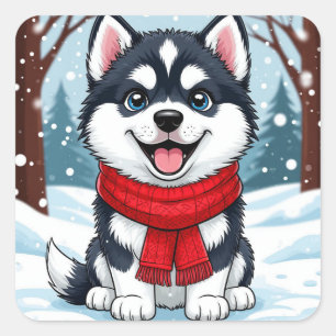 Adesivo Quadrado Filhote de Husky Fofo Sentado em Cena de Inverno N
