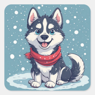 Adesivo Quadrado Filhote de Husky Fofo Vestindo Cachecol Vermelho n