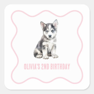 Adesivo Quadrado Filhote de husky preppy xadrez rosa de aniversário