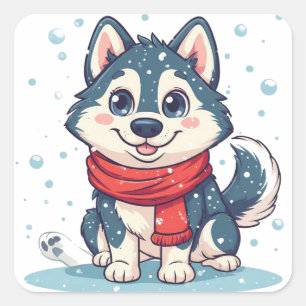 Adesivo Quadrado Filhote de Husky Siberiano com Cachecol Vermelho n