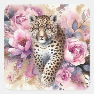 Adesivo Quadrado Filhote de Leopardo & Rosas
