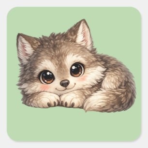 Adesivo Quadrado Filhote de Lobo Kawaii com Olhos Brilhantes e Doce