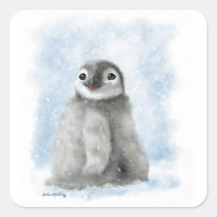 Adesivo Quadrado Filhote de Pinguim Fofo na Neve Cartoon
