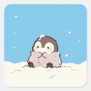 Adesivo Quadrado Filhote de Pinguim Fofo na Neve de Inverno
