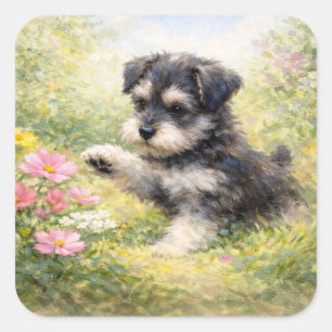 Adesivo Quadrado Filhote de Schnauzer Flores da Primavera