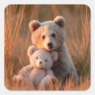 Adesivo Quadrado Filhote de Urso Bonitinho Abraçando um Ursinho de