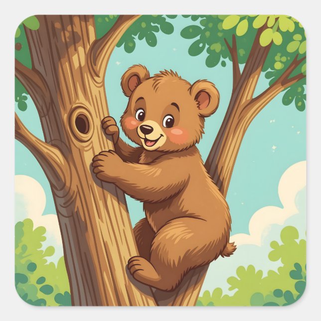 Adesivo Quadrado Filhote de urso fofo subindo em uma árvore (Frente)