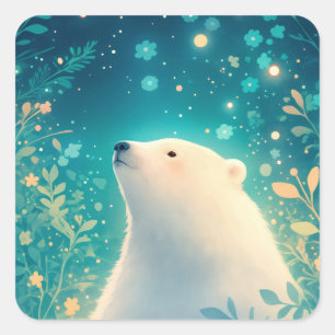 Adesivo Quadrado Filhote de Urso Polar Observando o Céu Noturno Mág