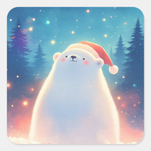 Adesivo Quadrado Filhote de Urso Polar Vestindo Chapéu de Papai Noe