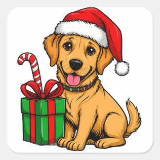 Adesivo Quadrado Filhote feliz de Retriever Dourado usando chapéu d