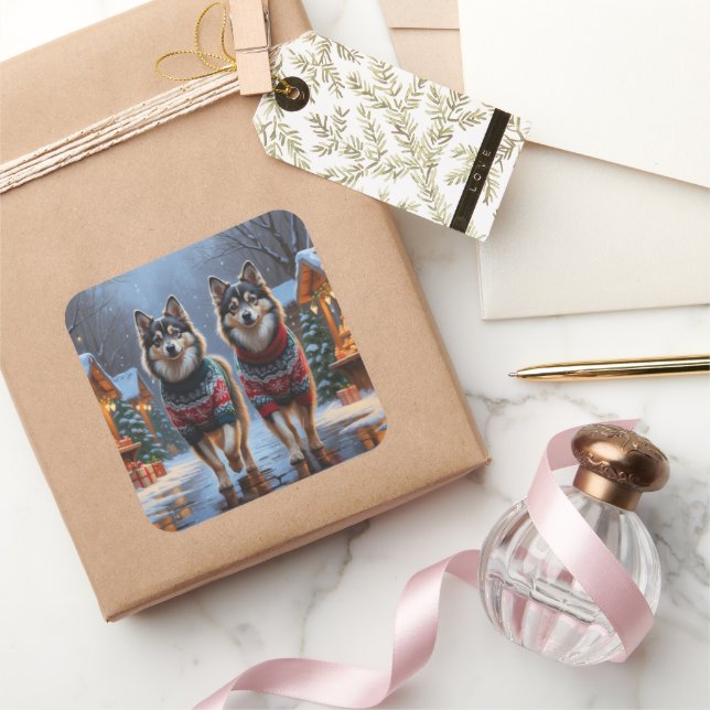 Adesivo Quadrado Finnish Lapphund Dogs Christmas Snow Holiday (Presentear)