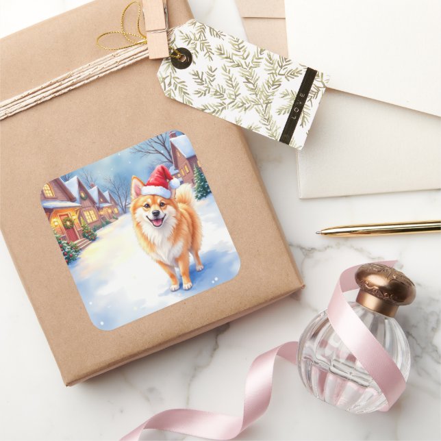 Adesivo Quadrado Finnish Lapphund Snowy Village Santa Hat Christmas (Presentear)