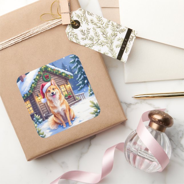 Adesivo Quadrado Finnish Spitz Snowy Cabin Santa Hat Christmas Art (Presentear)