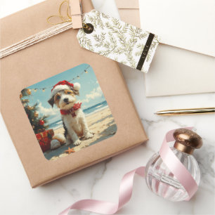 Adesivo Quadrado Fio Fox Terrier Dog Christmas Vintage Beach