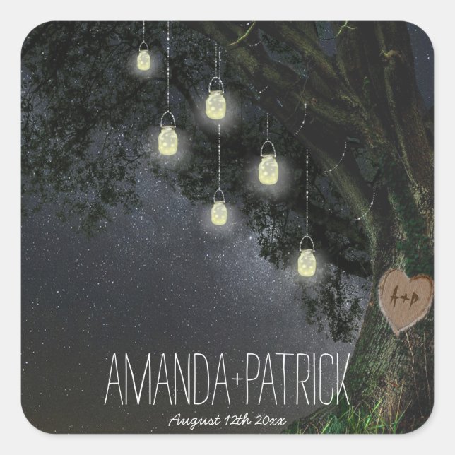 Adesivo Quadrado Firefly Mason Jar Oak Tree Casamento Favorece Seal (Frente)