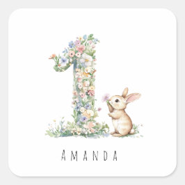 Adesivo Quadrado First Birthday Floral Bunny