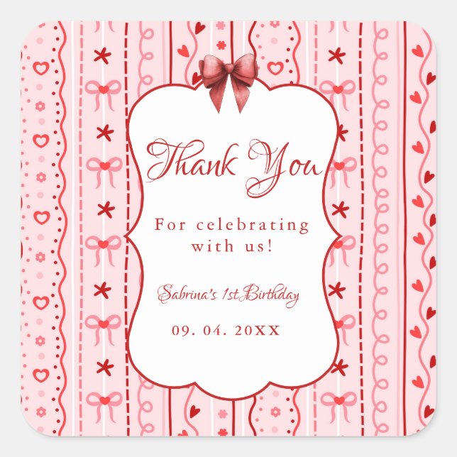 Adesivo Quadrado First Birthday valentine baby birthday party (Frente)