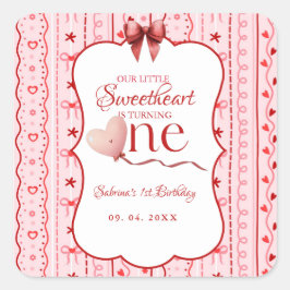 Adesivo Quadrado First Birthday valentine baby birthday party