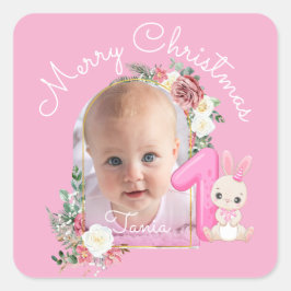 Adesivo Quadrado First Christmas Pink Baby Girl Photo floral
