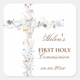 Adesivo Quadrado First Holy Communion floral cross