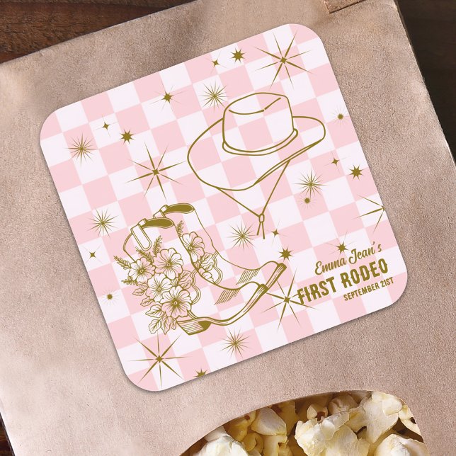 Adesivo Quadrado First Rodeo Pink Brown Cowgirl Boots Hat Birthday (First Rodeo Pink Brown Cowgirl Boots Hat Birthday Square Sticker)
