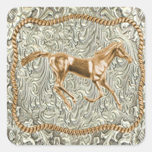 Adesivo Quadrado Fivela do Cinturão de Cavalo Dourado Ocidental